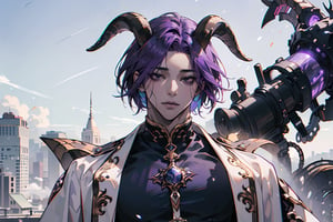 (((1male))), ((purple hair)), (black eyes), masterpiece, full_body_shot, mist and fog , (purple_clothes) , multicolour chest pleated, (((black skin))) , (((purple Mechanical body))) , (((goat horns)))