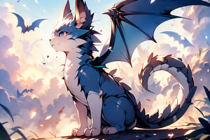 solo, (((Blue body))), ((Blue bat wings)),Blue eyes,Dragon horn, Dragon tail, mist and fog, small, cute