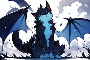 solo, (((Blue body))), ((Blue bat wings)),Blue eyes,Dragon Hill, Dragon tail, mist and fog,