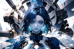 1girl, ((Dark blue hair)), shot hair, blue eyes, masterpiece, full_body_shot, mist and fog , (blue_clothes), little girl , multicolour chest pleated , (((Blue skin))) ,(((Mechanical body)))
