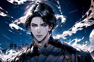 1 man, ((black hair)), blue eyes, blue_clothes, handsome, angular jaw, thick neck, hanfu, ready for battle, masterpiece, full_body_shot, mist and fog, smokey swirls,