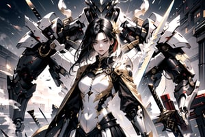 1 female, ((black hair)), white eyes, masterpiece, full_body_shot, mist and fog , (gold_clothes), Beautiful girl , multicolour chest pleated , (((Mechanical body))), ((Holding two swords))