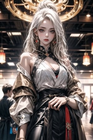 1girl,white_hair,white_clothes,red_eye,looking_at_viewer,mole,solo, hanfu,tang style outfits,red upper shan, multicolour chest pleated ,Equal eyes, and intricate detailing, skirt