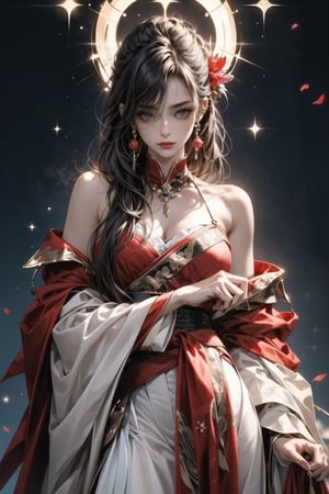 1girl,long_white_hair,white_clothes,red_eye,looking_at_viewer,mole,solo, hanfu,tang style outfits,red upper shan, multicolour chest pleated ,Equal eyes, and intricate detailing, skirt