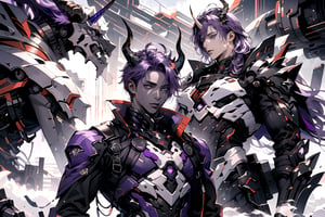 (((1male))), ((purple hair)), (black eyes), masterpiece, full_body_shot, mist and fog , (purple_clothes) , multicolour chest pleated, (((black skin))) , (((purple Mechanical body))) , (((horns)))