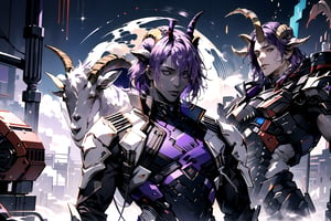 1 male, ((purple hair)), black eyes, masterpiece, full_body_shot, mist and fog , (purple_clothes) , multicolour chest pleated, (((black skin))) , (((purple Mechanical body))) , (((There are goat horns)))