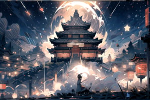 Extremely beautiful landscape , masterpiece, mist and fog, Chinese style , background only, Stars, Beautiful sky ,Ancient Chinese style house