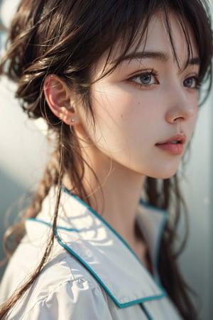 a 20 yo woman, brown hair, long hair, wavy hair, dark theme, soothing tones, muted colors, high contrast, (natural skin texture, hyperrealism, soft light, sharp)