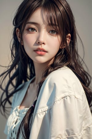 a 20 yo woman, brown hair, long hair, wavy hair, dark theme, soothing tones, muted colors, high contrast, (natural skin texture, hyperrealism, soft light, sharp), simple fabric background, sunshine soft shadow