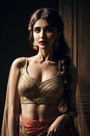 sexy Indian damsel, (Eugeniya Belousova:1.4), princess, 20 years old, bold Bollywood actress, nymph, nymphomaniac, pure untouched wild beauty, instagram model, diva, kamasutra, seductress, femme fatale
very pretty face, red lips, long doe like intoxicating eyes with mascara, blush, (one side parted curly long hair:1),
(intricate pattern Indian dress:1.1), (exquisite design Sabyasachi lehenga:1.2), (exquisite design deep neck Sabyasachi blouse:1.2), indian jewelry, sexy fit body, small breasts, 
detailed saturated skin, silhouette, subsurface scattering, (realistic textures:1.4), soft focus, peacock, lotuses, dynamic abstract  background,
sexy sensual fashion dynamic pose, full body shot, cinematic shot, centre composition,
soft lighting, atmospheric lighting, Photorealistic, Hyperrealistic, Hyperdetailed, ultra realistic, heavy shadow, 
masterpiece, best quality, 8k, golden ratio, Intricate, (romantic film grading:1), (beauty filter:1.2), film photography, award winning photography, film grain, Fujifilm XT3, dslr, fcHeatPortrait, ,dark studio,arshadArt