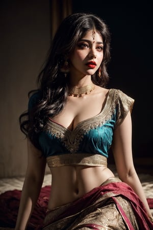 sexy Indian dame, (Janhvi Kapoor:1.4), princess, 20 years old, bold Bollywood actress, nymph, nymphomaniac, pure untouched wild beauty, fashion model, diva, kamasutra, seductress, femme fatale
very pretty face, red lips, long doe like intoxicating eyes with mascara, blush, (one side parted curly long hair:1),
(intricate pattern Indian dress:1.1), (exquisite design Sabyasachi lehenga:1.2), (exquisite design deep neck Sabyasachi blouse:1.2), indian jewelry, sexy fit body, small medium breasts, (thighs:1.2)
detailed saturated skin, silhouette, subsurface scattering, (realistic textures:1.4), soft focus, (wild flowers background:1.2),
sexy sensual fashion dynamic pose, medium long shot, cinematic shot, centre composition,
soft lighting, atmospheric lighting, Photorealistic, Hyperrealistic, Hyperdetailed, ultra realistic, heavy shadow, 
masterpiece, best quality, 8k, golden ratio, Intricate, (beauty filter:1.2), film photography, award winning photography, film grain, Fujifilm XT3, dslr, fcHeatPortrait, ,dark studio,arshadArt