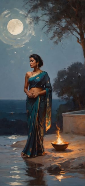 elegant exhausted and sweated lady in saree bathing in moonlight, oil paintingby Greg Rutkowski