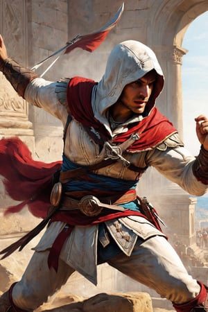 the cover of assassin's creed, in the style of hellenistic art, maroon, realistic hyper-detail, 32k uhd, edward poynter, energetic gestures