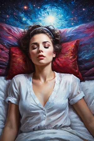 A very beautiful woman wearing an open-chested white shirt and sleeping on the bed blindfolded, with silk threads around her eyes. A sexy woman., centered, symmetry, painted, intricate, volumetric lighting, beautiful, rich deep colors masterpiece, sharp focus, ultra detailed, in the style of dan mumford and marc simonetti, astrophotography

, oil painting in style of tom bagshaw