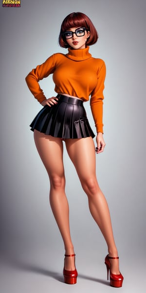 velma from scooby-doo, beautiful charismatic girl, showing piercing, athletic body, a woman an orange top, gorgeous figure, interesting shapes, full body shot, goth style, dark eye, in the style of jessica drossin, life-size figures