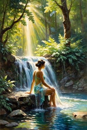 The painting depicts a serene scene of a woman bathing in a shimmering waterfall, her translucent garments clinging to her body as she bathes in the cool, crystal-clear water. The sunlight filters through the trees, creating a dappled effect on the cascading water and illuminating the woman's figure. The artist has captured a sense of tranquility and beauty in this peaceful moment, inviting the viewer to pause and appreciate the natural grace of the woman and the surrounding landscape. The colors are rich and vibrant, with the greens of the foliage and the blues of the water blending together in a harmonious symphony of nature's beauty.