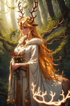 A majestic reindeer lady stands proudly in a misty forest clearing, illuminated by soft, golden light. Her antlers reach towards the sky, adorned with delicate vines and berries. A gentle rain falls around her, glistening on her fur as she gazes serenely into the distance.,Eyes