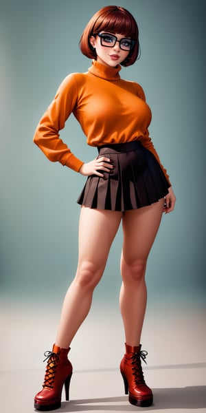 velma from scooby-doo, beautiful charismatic girl, showing piercing, athletic body, a woman an orange top, gorgeous figure, interesting shapes, full body shot, goth style, dark eye, in the style of jessica drossin, life-size figures