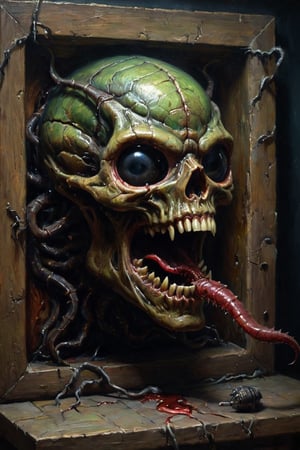 professional 3d model Horror-themed oil painting depicting an ancient eldritch device that rips reality apart to let unspeakable horrors seep into out reality, drooling insectoid head . Eerie, unsettling, dark, spooky, suspenseful, grim, highly detailed . octane render, highly detailed, volumetric, dramatic lighting