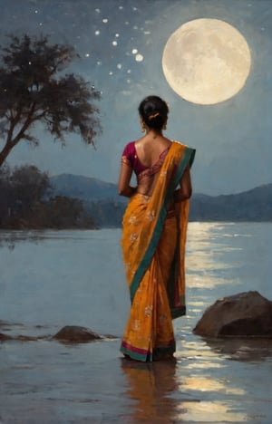 elegant exhausted and sweated lady in saree bathing in moonlight, oil paintingby Greg Rutkowski,Indian