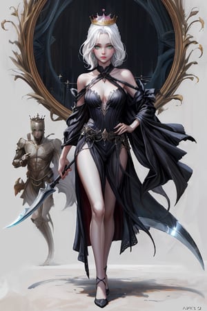 Hot scythe queen, white hair, beautiful face, realistic, dark fantasy art, whole body