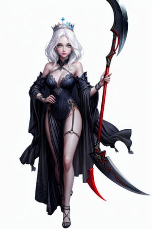 Hot scythe queen, white hair, beautiful face, realistic, dark fantasy art, whole body