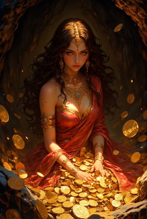 graphic novel style painting of voluptuous indian queen bathing in gold coin inside a cave sitting on a golden treasure