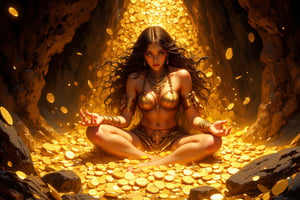 graphic novel style painting of voluptuous indian queen bathing in gold coin inside a cave sitting on a golden treasure