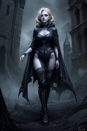 Hyper-realistic, full-body image of a young woman inspired by Lisa Simpson, with a dark fantasy, cinematic aesthetic, spiky, platinum blonde hair styled to resemble her iconic cartoon look but with realistic texture and flow. Her face features pale skin, dark, smoky eye makeup, and black lipstick, giving her a gothic, mysterious expression. She is dressed in a dark, fantasy-inspired outfit—black leather and velvet, with details like spiked accessories, a long cloak, and knee-high combat boots. Her attire should blend elegance and edge, evoking a dark medieval or dystopian world. The lighting is dramatic, with strong contrasts that highlight the textures of her clothing and the contours of her body. The background should be a moody, fantastical setting, such as a fog-shrouded forest or a gothic castle ruin, with soft cinematic lighting and atmospheric mist, giving the scene a haunting, otherworldly feel. Every detail, from her posture to the folds in her clothing, should be rendered with extreme realism, making it appear like a photograph from a dark fantasy film.