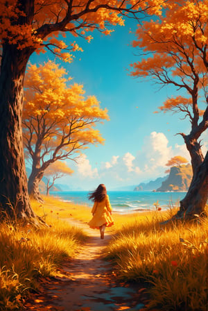 a girl walking through a field, in the style of ethereal trees, dark yellow and azure, majestic, sweeping seascapes, photorealistic representation, graceful balance, wimmelbilder, orange 