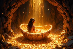 graphic novel style painting of voluptuous indian queen bathing in gold coin inside a cave sitting on a golden treasure