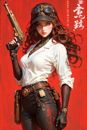 an image of an animation character holding a gun, in the style of womancore, comic art, realistic oil paintings, xbox 360 graphics, exotic realism, white and brown, bold manga lines 