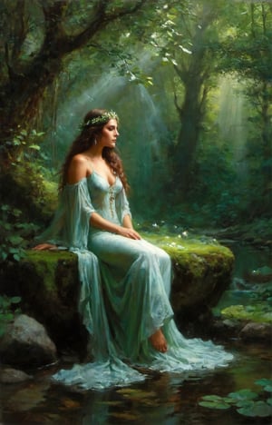 Within the verdant depths of an enchanted forest, an elven nymph bathes in a secluded glen. Sunlight filters through the canopy, dappling the crystal-clear waters where she frolics with ethereal grace. Her slender form is enveloped in shimmering droplets, her long hair cascading like liquid silver. Amidst the rustling leaves and birdsong, she embodies the untamed beauty of the wilderness, a mystical presence amidst the tranquil embrace of nature's sanctuary.