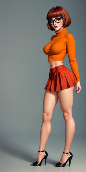 velma from scooby-doo, beautiful charismatic girl, showing piercing, athletic body, a woman an orange top, gorgeous figure, interesting shapes, full body shot, goth style, dark eye, in the style of jessica drossin, life-size figures