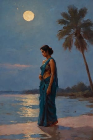 elegant exhausted and sweated lady in saree bathing in moonlight, oil paintingby Greg Rutkowski
