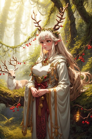 A majestic reindeer lady stands proudly in a misty forest clearing, illuminated by soft, golden light. Her antlers reach towards the sky, adorned with delicate vines and berries. A gentle rain falls around her, glistening on her fur as she gazes serenely into the distance.,Eyes