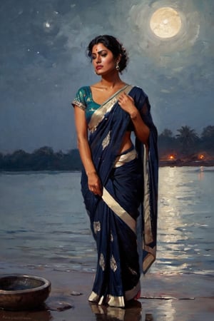 elegant exhausted and sweated lady in saree bathing in moonlight, oil paintingby Greg Rutkowski