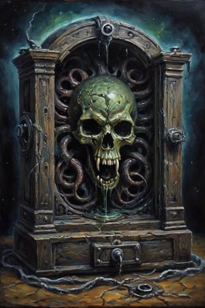 Horror-themed oil painting depicting an ancient eldritch device that rips reality apart to let unspeakable horrors seep into out reality. . Eerie, unsettling, dark, spooky, suspenseful, grim, highly detailed