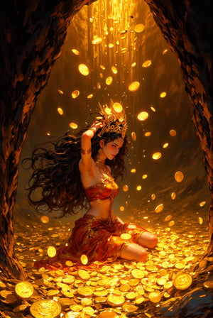 graphic novel style painting of voluptuous indian queen bathing in gold coin inside a cave sitting on a golden treasure