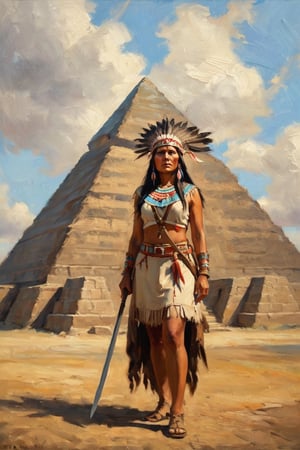a woman in a native american costume standing in front of a pyramid with a sword in her hand and a headdress on her head, oil painting, quirky strokes