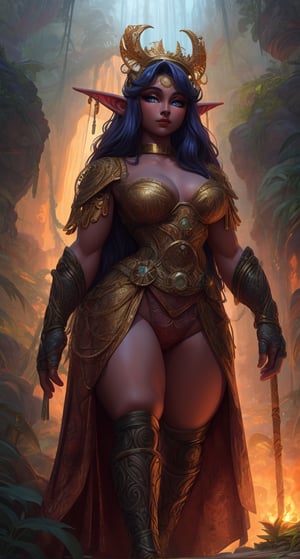 Massive detailed animated masterpiece of DnD race wood elf, jungle huntress lady full body, very long intricate hair, ultra detailed revealing hunt outfit, 32k, divine proportion, dim cinematic lighting, ultra detailed textures, perfect proportions, ultra-shiny detailed art by Russell Dongjun Lu, legendary person, noir-inspired portrait, exuding a sense of mysterious allure and captivating the viewer with its enigmatic gaze, dramatic character
