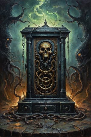 Horror-themed oil painting depicting an ancient eldritch device that rips reality apart to let unspeakable horrors seep into out reality. . Eerie, unsettling, dark, spooky, suspenseful, grim, highly detailed