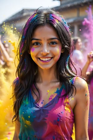 1girl, adult, long hair, looking at viewer, smile, black hair, dress, upper body, solo focus, grin, blurry, blurry background, hand in own hair, realistic, looking at viewer, paint splatter, playing Holi, realistic photograph, festive moment,  vibrancy of the colors,  joyous, splashes, colorful powder, festival, colors,photorealistic,see-through,more detail XL,FilmGirl