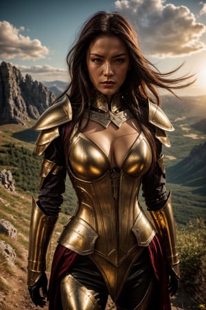 1lady, {{boob armor}}, sexy, {{intricate design} on armor}}, Fantasy, Mythological, Greek Mythology, Concept, Artists, Outdoor, Majestic Mountaintop, 4K, medium close-up shot:1.5, Golden Hour Sunlight, Rich Colors, Detailed, Epic Fantasy, ispired by games, game boob armor, fighting armor, russian face:1.5