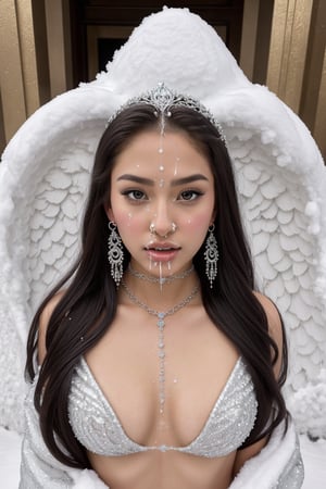  , Snow_Angel, Frozen, ((best quality)), ((masterpiece)), ((realistic)), ((18-year-old girl as a snow angel princess giving blowjob)),{{{blowjob}}} ,{{{cum}}} ,In the grandeur of a throne room, an 18-year-old girl embodies the enchantment of a snow angel princess. Adorned with elegant earrings, intricate jewelry, and a tribal tattoo, she exudes a sense of regality and grace. Her flowing hair, infused with a radiant glow, cascades around her, accentuated by an ethereal ice hair ornament and a necklace fashioned from glistening ice. ,facial, {penis}, {sucking dick}, {cock in mouth}