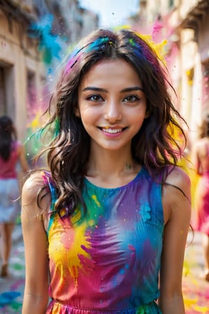 1girl, adult, long hair, looking at viewer, smile, black hair, dress, upper body, solo focus, grin, blurry, blurry background, hand in own hair, realistic, looking at viewer, paint splatter, playing Holi, realistic photograph ,holi festival , festive moment,  vibrancy of the colors,  joyous, splashes, colorful powder, festival, colors,photorealistic,see-through,more detail XL,FilmGirl,renny the insta girl