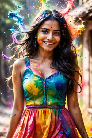 1girl, adult, long hair, looking at viewer, smile, black hair, dress, upper body, solo focus, grin, blurry, blurry background, hand in own hair, realistic, looking at viewer, paint splatter, playing Holi, realistic photograph, festive moment,  vibrancy of the colors,  joyous, splashes, colorful powder, festival, colors,photorealistic,see-through,more detail XL
