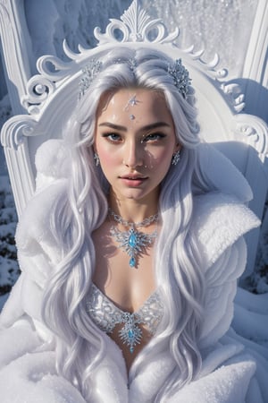  , Snow_Angel, Frozen, ((best quality)), ((masterpiece)), ((realistic)), ((18-year-old girl as a snow angel princess in a fantasy golden throne room, frozen, mystic fog, frost flowers)),{{{blowjob}}} ,{{{cum}}} ,In the grandeur of a throne room, an 18-year-old girl embodies the enchantment of a snow angel princess. Adorned with elegant earrings, intricate jewelry, and a tribal tattoo, she exudes a sense of regality and grace. Her flowing hair, infused with a radiant glow, cascades around her, accentuated by an ethereal ice hair ornament and a necklace fashioned from glistening ice. ,facial