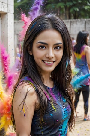 1girl, adult, long hair, looking at viewer, smile, black hair, dress, upper body, solo focus, grin, blurry, blurry background, hand in own hair, realistic, looking at viewer, paint splatter, playing Holi, realistic photograph, festive moment,  vibrancy of the colors,  joyous, splashes, colorful powder, festival, colors,photorealistic,see-through,more detail XL,FilmGirl,renny the insta girl