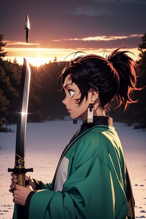 solo, long hair, black hair, long sleeves, 1boy, holding, jewelry, closed mouth, upper body, ponytail, weapon, male focus, earrings, japanese clothes, sword, wide sleeves, holding weapon, from side, profile, facial mark, smoke, sun, over shoulder, egasumi, sunburst, sunburst background